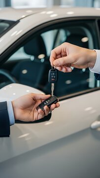 Close-up hand of male dealer giving new car keys to male customer key car vehicle automobile transport security transportation electronic unlock lock buy driver keys