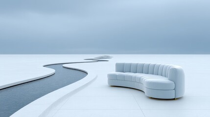 Minimalist white curved sofa beside winding water feature on white surface under cloudy sky, evoking modern luxury and serene outdoor living