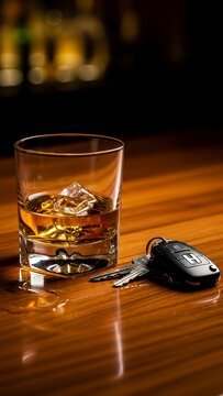 A whiskey glass filled with ice sits beside car keys on a polished bar table capturing the relaxed atmosphere of the evening key car vehicle automobile transport security transportation electronic unl