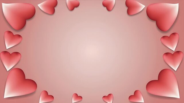 A lovely romantic pastel background with soft three dimensional red hearts creating a charming decorative border