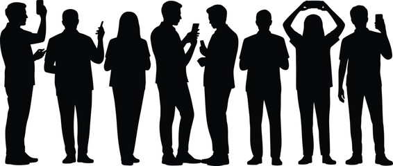 Group of modern people silhouettes using smartphones, standing together with mobile devices, social media communication concept, technology addiction, digital lifestyle, isolated black figures 