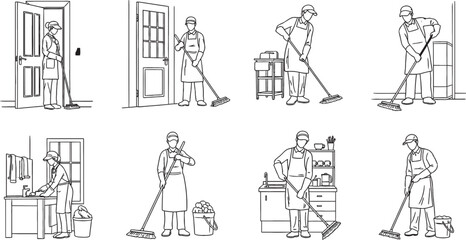 Obraz premium Line art illustrations of a person performing various cleaning tasks in different indoor settings.