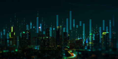 Financial Trading Indicators and Market Data Visualization over Futuristic City Skyline.