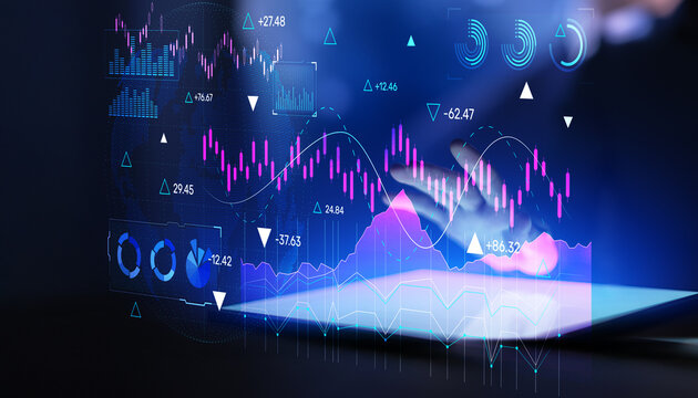Market performance analytics visualization with financial charts and dynamic indicators. - Powered by Adobe