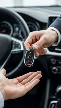 Buy second-hand auto or rent a car concept close-up hand of used car agent giving an auto key to client vehicle offer automobile loan drive service owner key car vehicle automobile transport security 