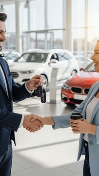 Happy salesman congratulating his female customer for buying a new car in a showroom salesperson selling cars at car dealership key car vehicle automobile transport security transportation electronic 