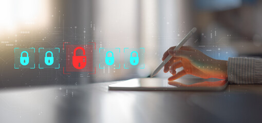 Cybersecurity Threat Detection and Data Protection Visualization on Digital Tablet.