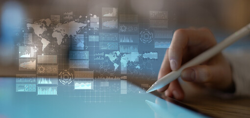 Global Data Analytics and Market Research Displayed on a Digital Tablet Interface.