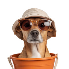 Stylish dog wearing sunglasses and bucket hat in a playful studio setup.