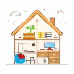 Obraz premium Cutaway house illustration. Sectioned home interior. House with furniture and objects. Cross-section view. Vector drawing. House design elements. Interior decoration. Home office and living