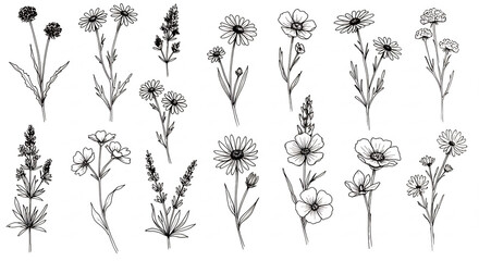 Grayscale ink sketches of various wildflowers showcasing delicate petals and stems with a classic botanical feel. AI Generated