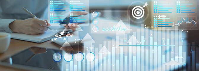 Business Intelligence and Data Analytics Dashboard on a Digital Tablet Interface.