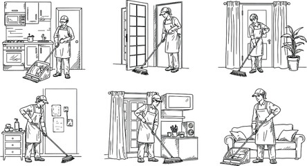 A person sweeping various rooms in a house, demonstrating different cleaning scenarios and household chores.