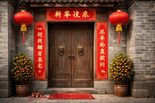 Traditional Chinese doorway decorated with red lanterns, couplets and tangerines for Lunar New Year