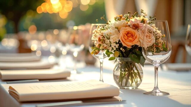 A beautifully set outdoor table with floral centerpiece, wine glasses, and menus. Golden light