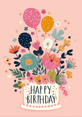 Geburtstagskarte mit Torte, Blumen und Luftballons im modernen Illustrationsstil &ndash; fr&ouml;hliches Hochformat-Motiv f&uuml;r Gl&uuml;ckwunschkarten, Einladungskarten, E-Cards, Social Media und Printdesign