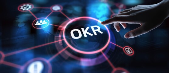 OKR Objectives and Key Results for Performance Management, projection on a virtual screen, Business...