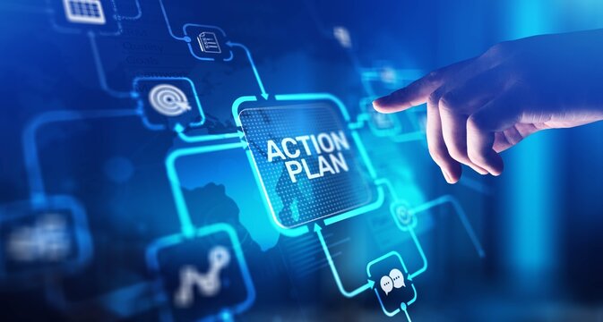 Action Plan Strategic Planning and Goal Setting, projection on a virtual screen, Business and Technology Concept.