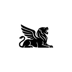 Fototapeta premium Majestic winged lion logo in bold black vector style, mythological creature, isolated on white background