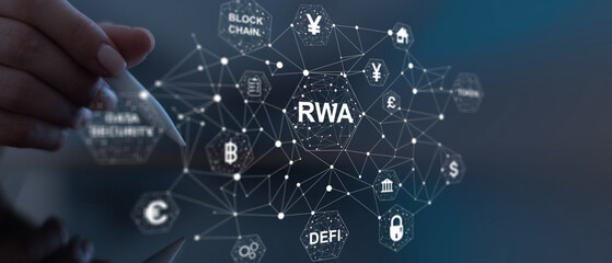 RWA decentralized finance concept with blockchain based asset tokenization network.