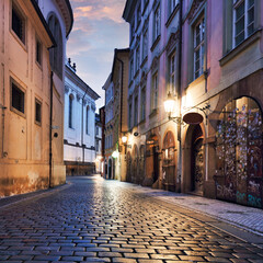 Karlova Street near Charles bridge in Prague at night, Czechia