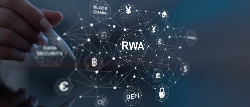 RWA decentralized finance concept with blockchain based asset tokenization network.