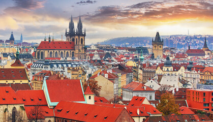 Skyline of Prague cityscape old town at sunset, Czechia