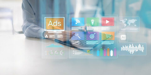 Digital Marketing and Advertising Analytics Displayed on Virtual Interface.