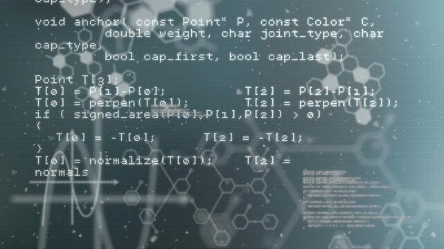 Animation of white hexagons over data processing on navy background