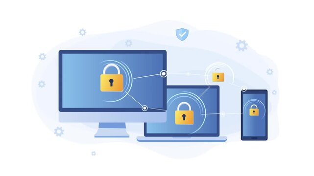 Multi Device Cloud Security And Data Protection System. Modern Cybersecurity Concept. Encrypted Cloud Technology with Computers and Mobile Connected with Lock and Shield. 