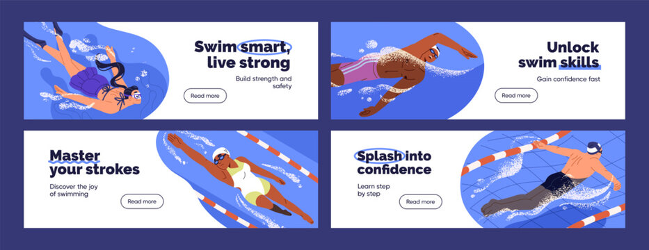 Set of swimming pool advertising banner designs. Templates with athletes in swimsuits are in sports competitions in water. Layouts with swimmers' trainings, racing in lanes. Flat vector illustrations