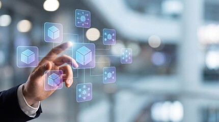 Businessman touching virtual blockchain interface, symbolizing digital ledger technology, decentralized system, data security, cryptocurrency, and modern fintech innovation for global business use.