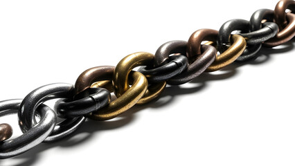 Close-up of a colorful metal chain. The chain is composed of interlocking links, creating a strong and durable structure