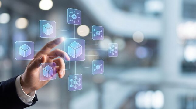 Businessman touching virtual blockchain interface, symbolizing digital ledger technology, decentralized system, data security, cryptocurrency, and modern fintech innovation for global business use. - Powered by Adobe