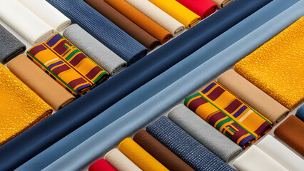 An array of colorful fabric rolls arranged in a patterned composition, showing textures and designs