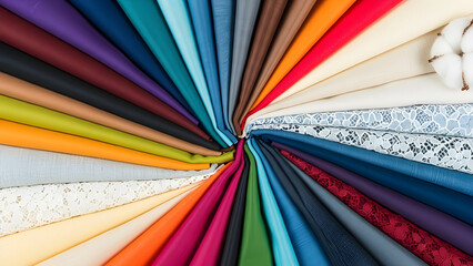 A colorful assortment of fabrics arranged in a circular pattern, with a cotton boll in the background. Displaying a wide array of textures and colors