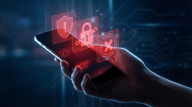 Hand holding smartphone with red warning icons, representing mobile cybersecurity threat, data breach, hacking alert, malware attack, and digital privacy risk in modern smart device environments.