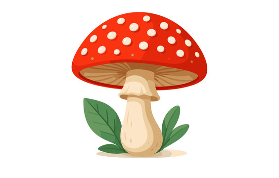 Colorful cartoon mushroom with red cap and polka dots on white background