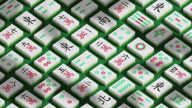 Classic white-green tiles for board game mahjong arranged on green cloth table. Traditional Chinese Game. Looped 3d animation.
