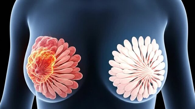 Human breast anatomy illustration comparing internal tissue structure and highlighted abnormal growth