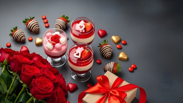 Valentine's day dessert and gift ideas with strawberries and roses