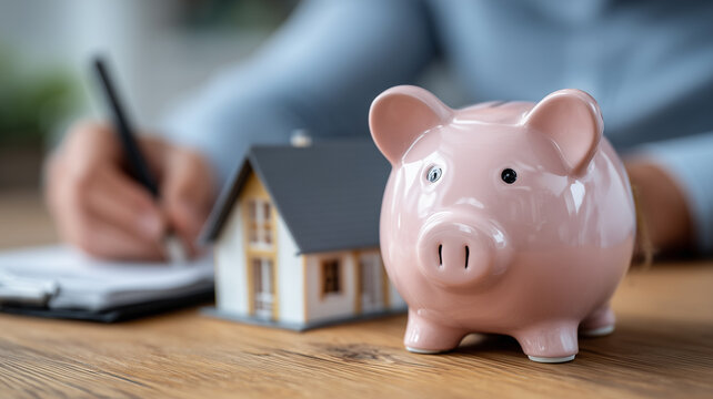 Pink piggy bank and house model in the foreground, and in the background a man is making notes. Visualization of the topic of savings for housing, mortgage lending and family financial planning.
