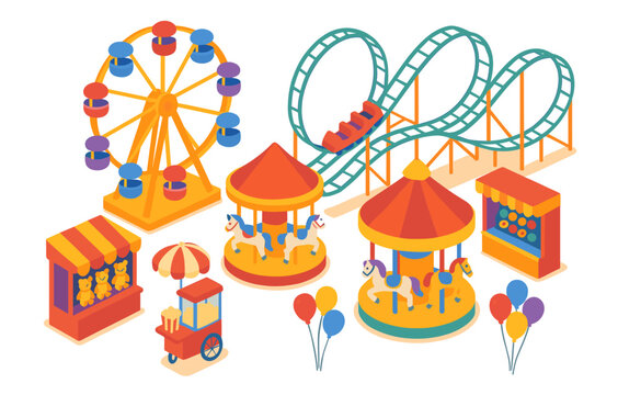 Colorful amusement park attractions in isometric style featuring rides and games