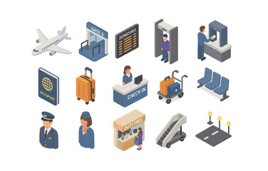 Isometric airport icons: travel elements with plane, check-in, gate, luggage, and security