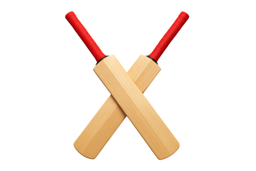 Pair of Wooden Cricket Bats with Red Handles Crossed in X Shape Isolated on Black Background