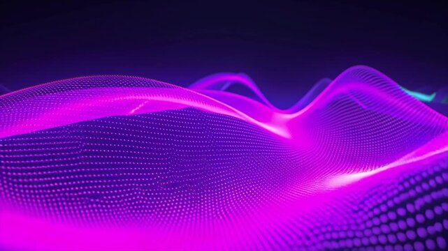 high definition 4K video, dynamic abstract wave motion, glowing particle streams flowing quantum energy, continuous motion, neon purple, electric blue, vibrant pink, luminous teal gradient, rippling