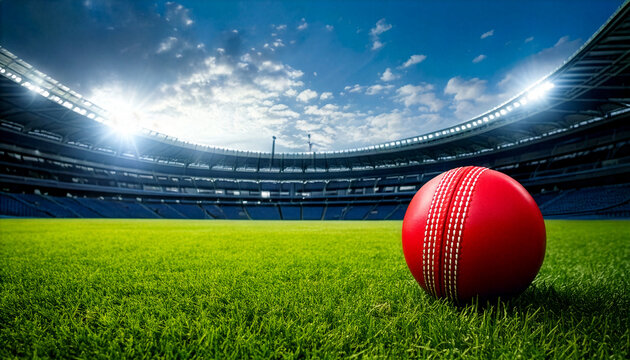 A realistic sports photograph of a red cricket ball resting on lush green grass inside stadium