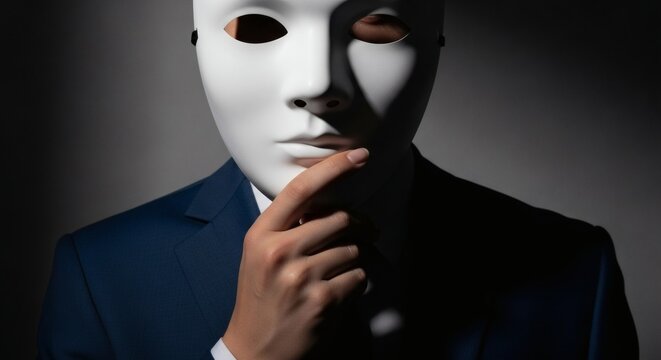 Masked Intent Pensive figure in suit conceals identity in shadow with intrigue.