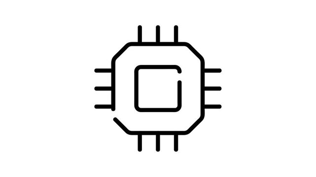Chip outline icon animation, electronical components animated line icons. AI computing, circuit design. Black illustrations on a white background. 4k video. Motion graphic.