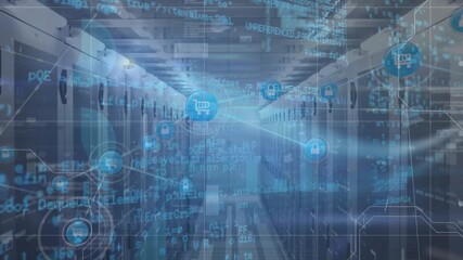 Animation of network of connections with icons and data processing over server room - Powered by Adobe